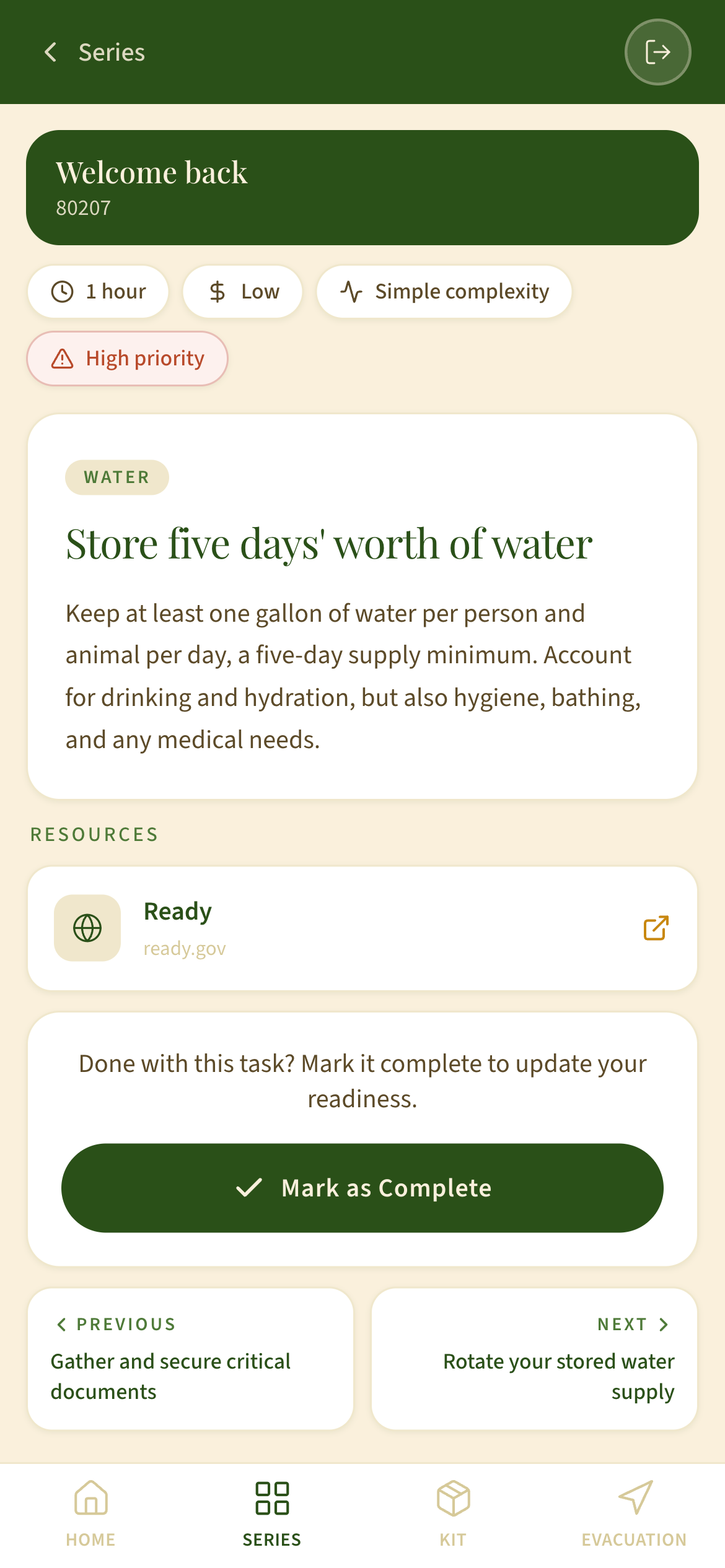 Goldenrod action item screen showing task detail and completion
