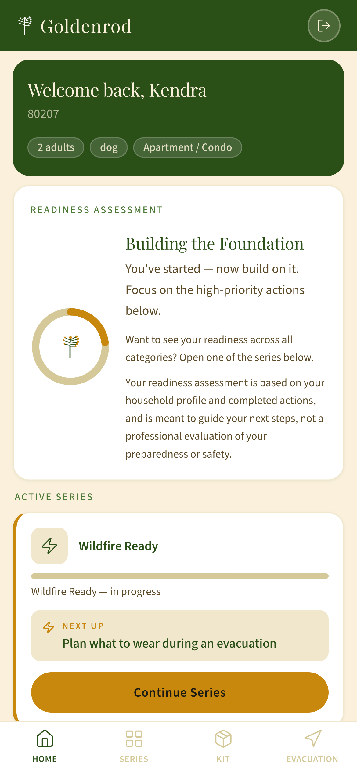 Goldenrod preparedness screen showing progress ring and upcoming actions